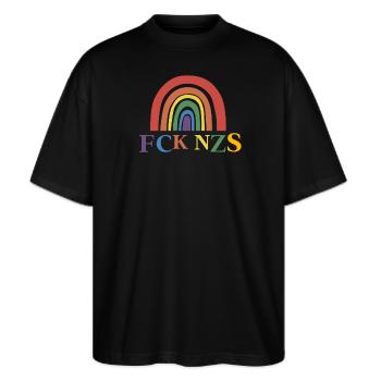 FCK NZS - Stanley/Stella Oversized Unisex Bio T-Shirt Blaster 2.0 - Schwarz - Vorne - Alina (178cm) & Michal (187cm)