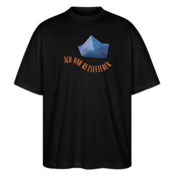 Reisefieber Papierschiff coole Sprüche urlaubsreif - Stanley/Stella Oversized Unisex Bio T-Shirt Blaster 2.0 - Schwarz - Vorne - Alina (178cm) & Michal (187cm)