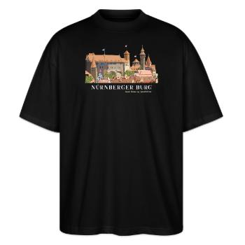 Nürnberger Burg Handzeichnung - Stanley/Stella Oversized Unisex Bio T-Shirt Blaster 2.0 - Schwarz - Vorne - Alina (178cm) & Michal (187cm)