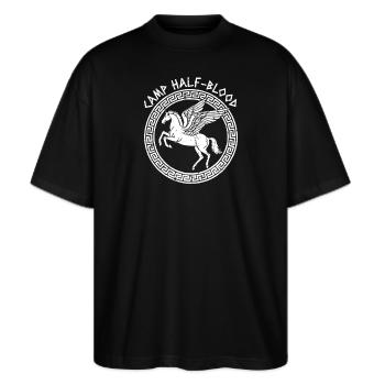 Camp Halbblut Fliegendes Pferd Camping Halbblut - Stanley/Stella Oversized Unisex Bio T-Shirt Blaster 2.0 - Schwarz - Vorne - Alina (178cm) & Michal (187cm)