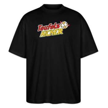 Teufelskicker Logoschriftzug Mit Fußball - Stanley/Stella Oversized Unisex Bio T-Shirt Blaster 2.0 - Schwarz - Vorne - Alina (178cm) & Michal (187cm)