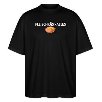 FLEISCHKÄS > ALLES Shirt – Food Statement & Humor - Stanley/Stella Oversized Unisex Bio T-Shirt Blaster 2.0 - Schwarz - Vorne - Alina (178cm) & Michal (187cm)