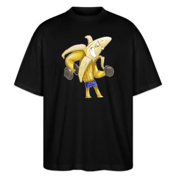 Lustige Banane mit Muskeln – Fitness trifft Humor! - Stanley/Stella Oversized Unisex Bio T-Shirt Blaster 2.0 - Schwarz - Vorne - Alina (178cm) & Michal (187cm)