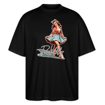 Rockabilly Style Outfit Frau barfuß Retro Geschenk - Stanley/Stella Oversized Unisex Bio T-Shirt Blaster 2.0 - Schwarz - Vorne - Alina (178cm) & Michal (187cm)