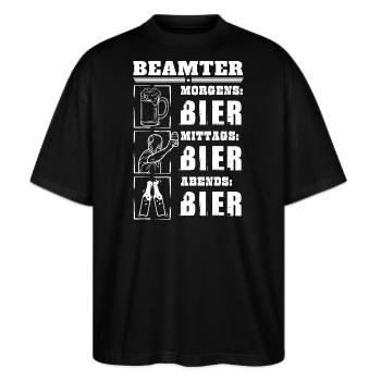 Mein Tagesablauf als Beamter - Stanley/Stella Oversized Unisex Bio T-Shirt Blaster 2.0 - Schwarz - Vorne - Alina (178cm) & Michal (187cm)