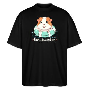 Meerschweinchen mit Schwimmring lustiges Wortspiel - Stanley/Stella Oversized Unisex Bio T-Shirt Blaster 2.0 - Schwarz - Vorne - Alina (178cm) & Michal (187cm)