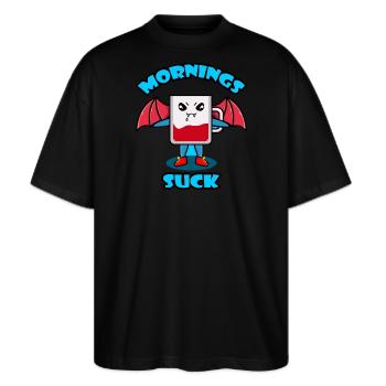 Mornings Suck Grafik - Stanley/Stella Oversized Unisex Bio T-Shirt Blaster 2.0 - Schwarz - Vorne - Alina (178cm) & Michal (187cm)