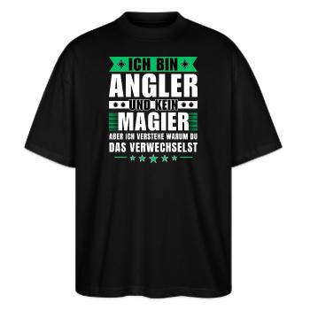Ich bin Angler und kein Magier - Stanley/Stella Oversized Unisex Bio T-Shirt Blaster 2.0 - Schwarz - Vorne - Alina (178cm) & Michal (187cm)
