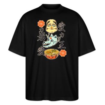 Kitsune und Ramen_ dunkle Materialien - Stanley/Stella Oversized Unisex Bio T-Shirt Blaster 2.0 - Schwarz - Vorne - Alina (178cm) & Michal (187cm)