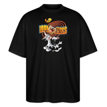 Looney Tunes Bugs Bunny, Taz, Sylvester & Tweety - Stanley/Stella Oversized Unisex Bio T-Shirt Blaster 2.0 - Schwarz - Vorne - Alina (178cm) & Michal (187cm)