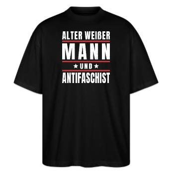 Antifaschismus Antifaschist Gegen Rechts Statement - Stanley/Stella Oversized Unisex Bio T-Shirt Blaster 2.0 - Schwarz - Vorne - Alina (178cm) & Michal (187cm)