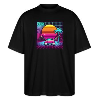 Neon Sunset Drive - Stanley/Stella Oversized Unisex Bio T-Shirt Blaster 2.0 - Schwarz - Vorne - Alina (178cm) & Michal (187cm)