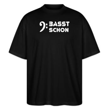 Basst Schon Shirts & Co für Bässe und Bassisten - Stanley/Stella Oversized Unisex Bio T-Shirt Blaster 2.0 - Schwarz - Vorne - Alina (178cm) & Michal (187cm)