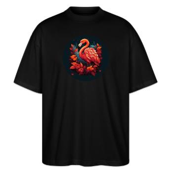 Flamingo in Herbstblättern - Stanley/Stella Oversized Unisex Bio T-Shirt Blaster 2.0 - Schwarz - Vorne - Alina (178cm) & Michal (187cm)