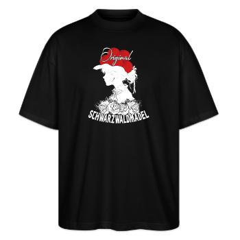 Original Schwarzwaldmädel Bollenhut Tracht Rosen - Stanley/Stella Oversized Unisex Bio T-Shirt Blaster 2.0 - Schwarz - Vorne - Alina (178cm) & Michal (187cm)
