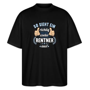 Rente 2023 Ruhestand Abschied Rentner 2023 - Stanley/Stella Oversized Unisex Bio T-Shirt Blaster 2.0 - Schwarz - Vorne - Alina (178cm) & Michal (187cm)