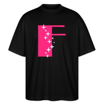 Buchstabe F Glitzer - Stanley/Stella Oversized Unisex Bio T-Shirt Blaster 2.0 - Schwarz - Vorne - Alina (178cm) & Michal (187cm)