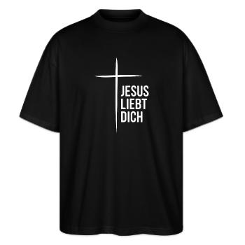 Jesus Christus Christlich Christentum Gott Bibel - Stanley/Stella Oversized Unisex Bio T-Shirt Blaster 2.0 - Schwarz - Vorne - Alina (178cm) & Michal (187cm)