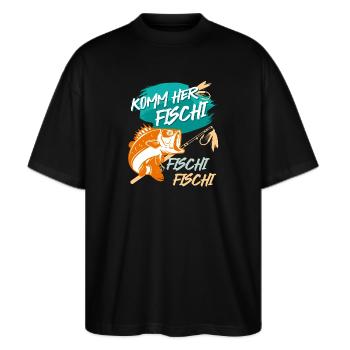 Angler KOMM HER FISCHI FISCHI FISCHI Lustiges - Stanley/Stella Oversized Unisex Bio T-Shirt Blaster 2.0 - Schwarz - Vorne - Alina (178cm) & Michal (187cm)