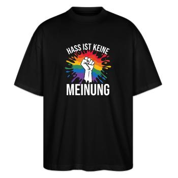Hass ist keine Meinung Statement gegen rechts - Stanley/Stella Oversized Unisex Bio T-Shirt Blaster 2.0 - Schwarz - Vorne - Alina (178cm) & Michal (187cm)