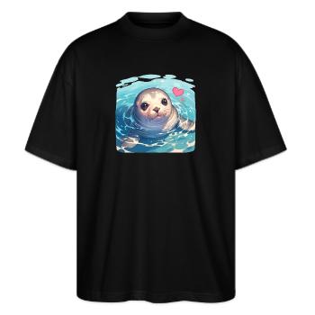 Robben Robbe - Stanley/Stella Oversized Unisex Bio T-Shirt Blaster 2.0 - Schwarz - Vorne - Alina (178cm) & Michal (187cm)