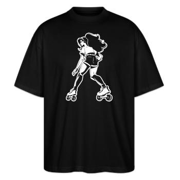 Rollschuhfahrerin - Stanley/Stella Oversized Unisex Bio T-Shirt Blaster 2.0 - Schwarz - Vorne - Alina (178cm) & Michal (187cm)