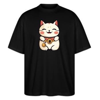 Maneki Neko Cat - Anime Shirt - Stanley/Stella Oversized Unisex Bio T-Shirt Blaster 2.0 - Schwarz - Vorne - Alina (178cm) & Michal (187cm)