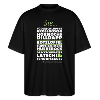 Alemannische Zurechtweisung - Stanley/Stella Oversized Unisex Bio T-Shirt Blaster 2.0 - Schwarz - Vorne - Alina (178cm) & Michal (187cm)