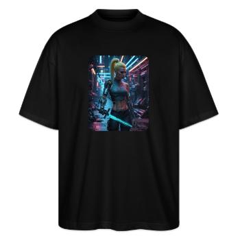 Cyberpunk Frauen Kriegerin - Stanley/Stella Oversized Unisex Bio T-Shirt Blaster 2.0 - Schwarz - Vorne - Alina (178cm) & Michal (187cm)