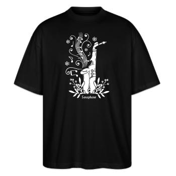Saxophon Musikinstrument Jazz - Stanley/Stella Oversized Unisex Bio T-Shirt Blaster 2.0 - Schwarz - Vorne - Alina (178cm) & Michal (187cm)