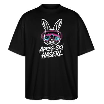 Apres Ski Haserl Hüttengaudi Skifahrerin Skihaserl - Stanley/Stella Oversized Unisex Bio T-Shirt Blaster 2.0 - Schwarz - Vorne - Alina (178cm) & Michal (187cm)