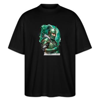 Gepanzerter Ritter, gekleidet in leuchtend grüne - Stanley/Stella Oversized Unisex Bio T-Shirt Blaster 2.0 - Schwarz - Vorne - Alina (178cm) & Michal (187cm)