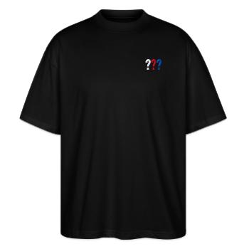 Die Drei ??? kleines Logo Stick - Stanley/Stella Oversized Unisex Bio T-Shirt Blaster 2.0 - Schwarz - Vorne - Alina (178cm) & Michal (187cm)