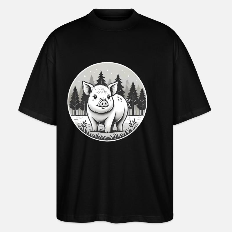 Rustikale Schwein-Illustration im Wald - Stanley/Stella Oversized Unisex Bio T-Shirt Blaster 2.0 - Schwarz