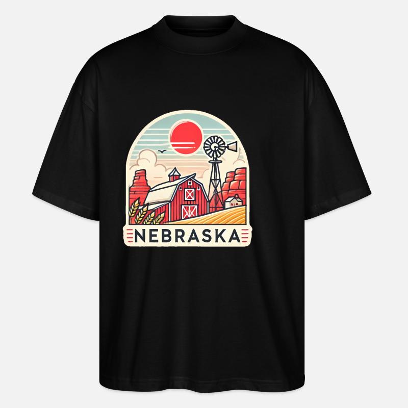Nebraska Farm Sunset Illustration - Stanley/Stella Oversized Unisex Organic T-shirt Blaster 2.0 - black