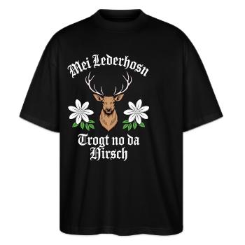 Mei lederhosen trogt no da hirsch - Stanley/Stella Oversized Unisex Bio T-Shirt Blaster 2.0 - Schwarz - Vorne - Alina (178cm) & Michal (187cm)