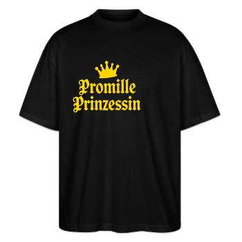 Promille Prinzessin, Feierlaune, Party Shirt - Stanley/Stella Oversized Unisex Bio T-Shirt Blaster 2.0 - Schwarz - Vorne - Alina (178cm) & Michal (187cm)