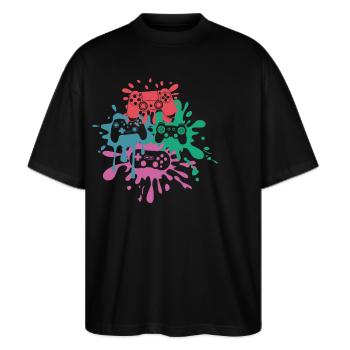 Pixel-Controller – Retro Gaming Design - Stanley/Stella Oversized Unisex Bio T-Shirt Blaster 2.0 - Schwarz - Vorne - Alina (178cm) & Michal (187cm)