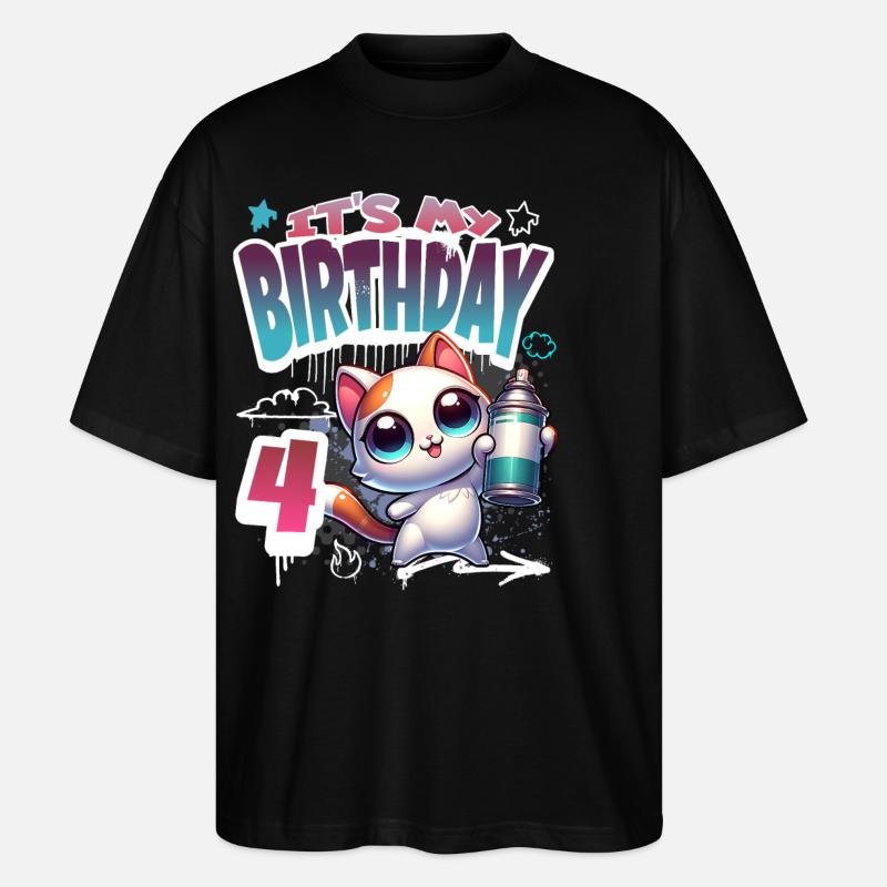 4th Birthday Cat Graffiti - Stanley/Stella Oversized Unisex Organic T-shirt Blaster 2.0 - black