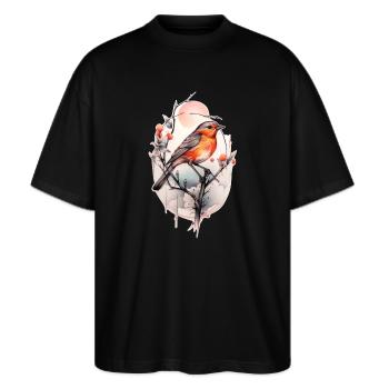 Rotkehlchen auf einem Ast - TattooStyle - Stanley/Stella Oversized Unisex Bio T-Shirt Blaster 2.0 - Schwarz - Vorne - Alina (178cm) & Michal (187cm)