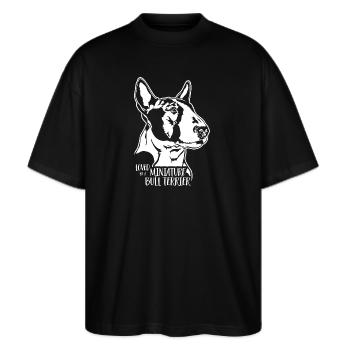 Loved by a Miniature Bull Terrier Hunde Wilsigns - Stanley/Stella Oversized Unisex Bio T-Shirt Blaster 2.0 - Schwarz - Vorne - Alina (178cm) & Michal (187cm)