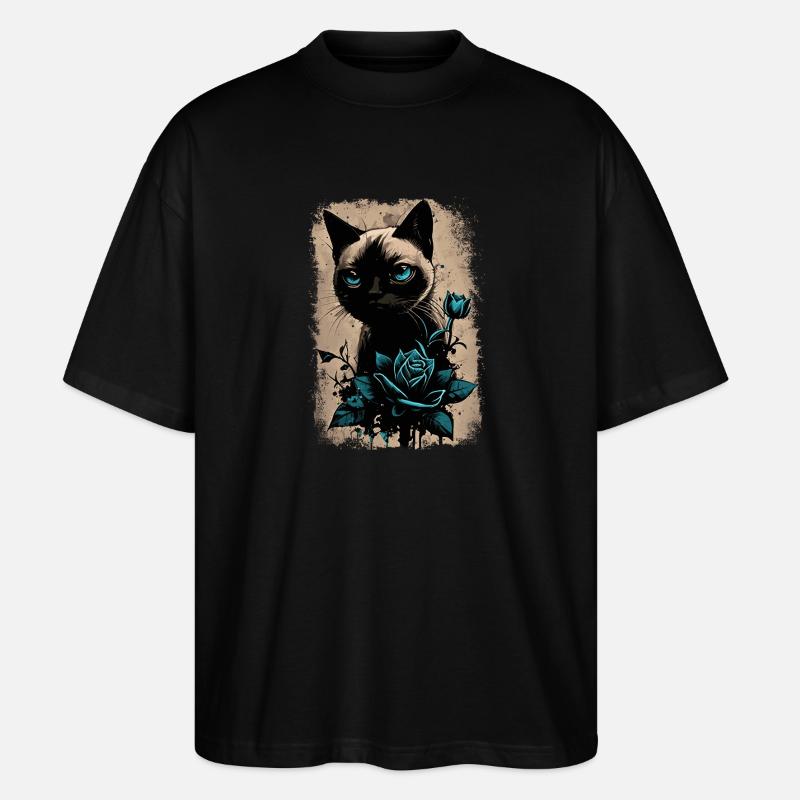 Chat siamois avec fleur - T-shirt bio Blaster 2.0 coupe oversize Stanley/Stella Unisexe - noir