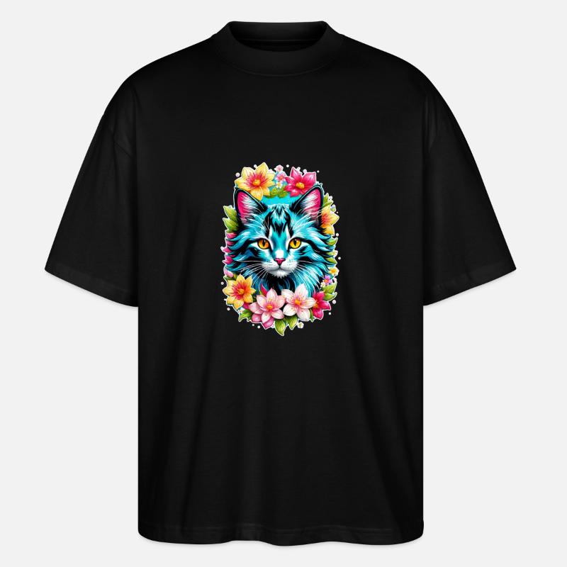 chat et fleur aquarelle - T-shirt bio Blaster 2.0 coupe oversize Stanley/Stella Unisexe - noir
