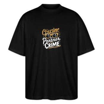 Cousine Crime Partner Lustig T-Shirt Familie - Stanley/Stella Oversized Unisex Bio T-Shirt Blaster 2.0 - Schwarz - Vorne - Alina (178cm) & Michal (187cm)