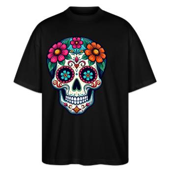 Farverigt Dia de los Muertos kranium – kunstnerisk kranie - Stanley/Stella Oversize Unisex Øko T-shirt Blaster 2.0 - sort - Foran - Alina (178cm) & Michal (187cm)