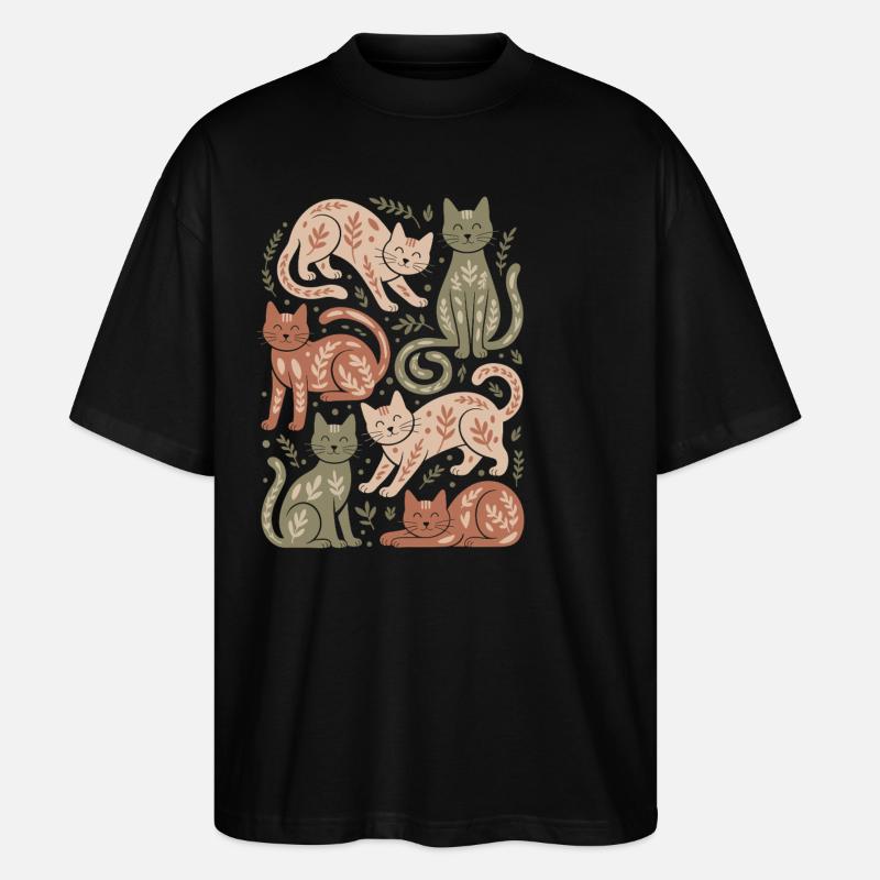 Cat Pattern with Leaf Motifs - Stanley/Stella Oversized Unisex Organic T-shirt Blaster 2.0 - black