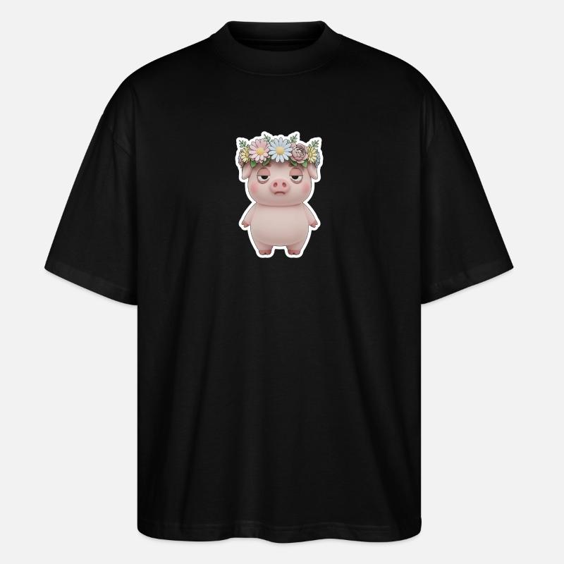 Genervtes Schwein mit Blumenkranz Statement - Stanley/Stella Oversized Unisex Bio T-Shirt Blaster 2.0 - Schwarz