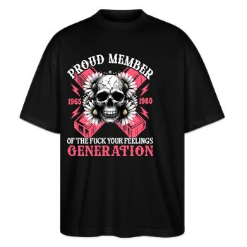 Kvinde Kranie Humor Generation X - Stanley/Stella Oversize Unisex Øko T-shirt Blaster 2.0 - sort - Foran - Alina (178cm) & Michal (187cm)