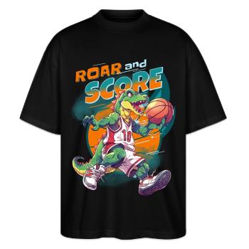 Basket-ball dinosaure T-Rex joueur de basket-ball - T-shirt bio Blaster 2.0 coupe oversize Stanley/Stella Unisexe - noir - Devant - Alina (178cm) & Michal (187cm)