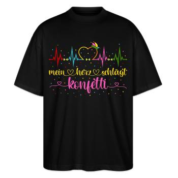 Fasching Herzschlag EKG Mein Herz schlägt Konfetti - Stanley/Stella Oversized Unisex Bio T-Shirt Blaster 2.0 - Schwarz - Vorne - Alina (178cm) & Michal (187cm)
